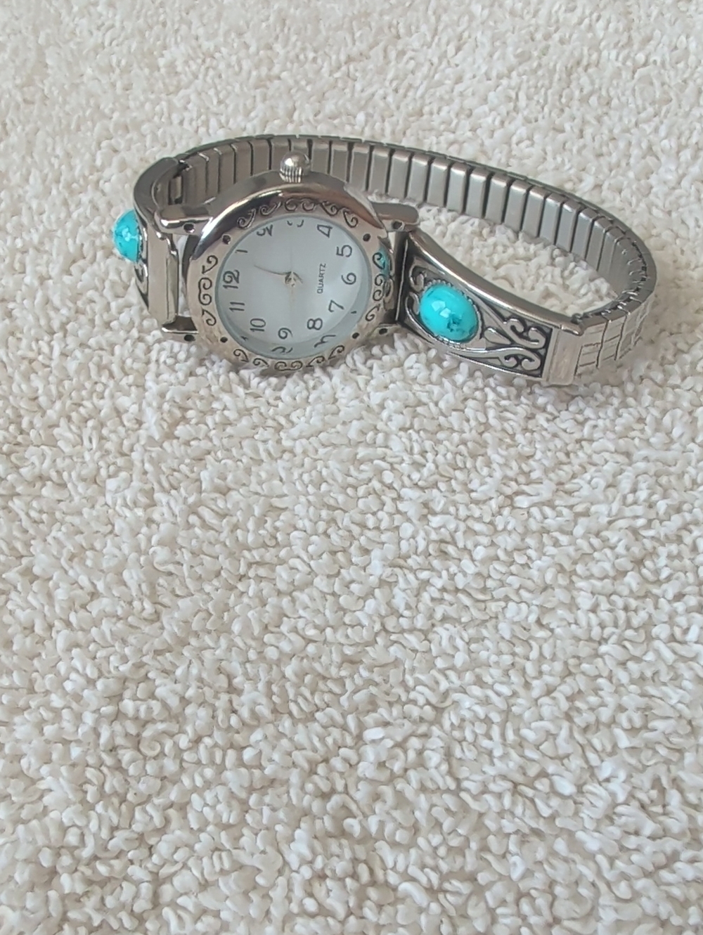 Silver-tone Women's Watch Bracelet with Turquoise Accents